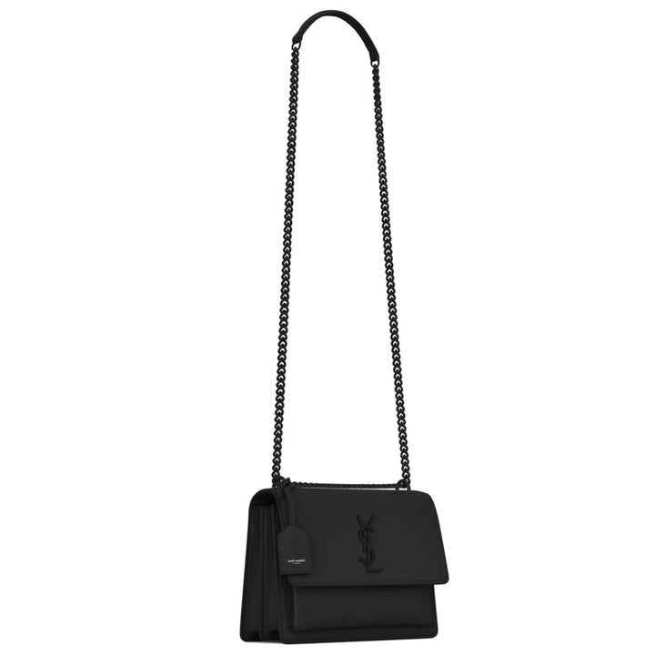 Saint Laurent Sunset Medium Flap Bag in Smooth Noir Leather with Black Cassandre Hardware