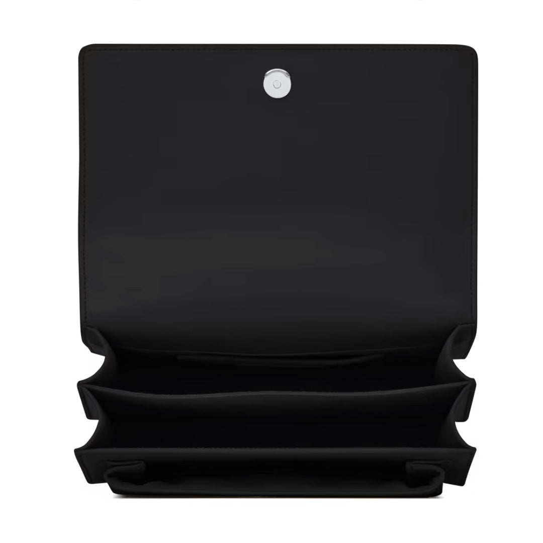 Saint Laurent Sunset Medium Flap Bag in Smooth Noir Leather with Black Cassandre Hardware