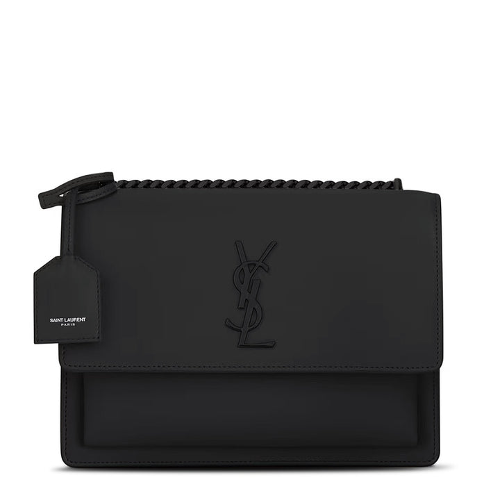 Saint Laurent Sunset Medium Flap Bag in Smooth Noir Leather with Black Cassandre Hardware