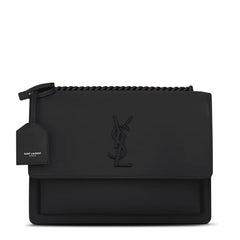 Saint Laurent Sunset Medium Flap Bag in Smooth Noir Leather with Black Cassandre Hardware