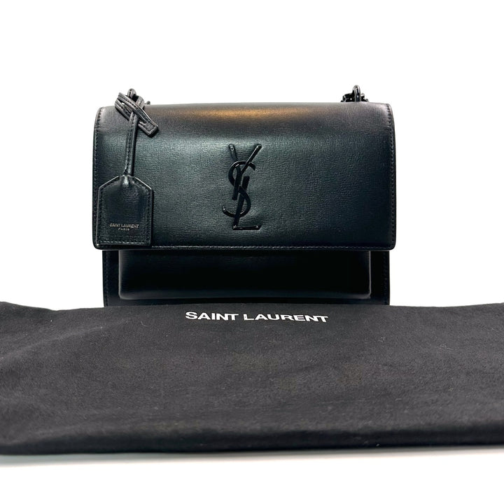 Saint Laurent Sunset Medium Flap Bag in Smooth Noir Leather with Black Cassandre Hardware