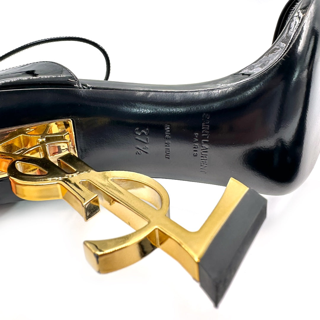 Saint Laurent Opyum Black Patent Leather Sandals with Gold YSL Heels