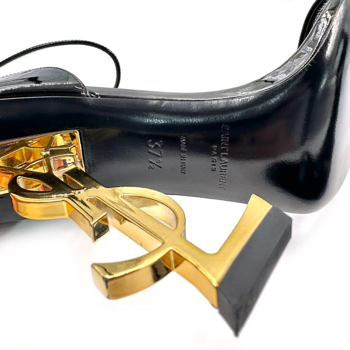 Saint Laurent Opyum Black Patent Leather Sandals with Gold YSL Heels