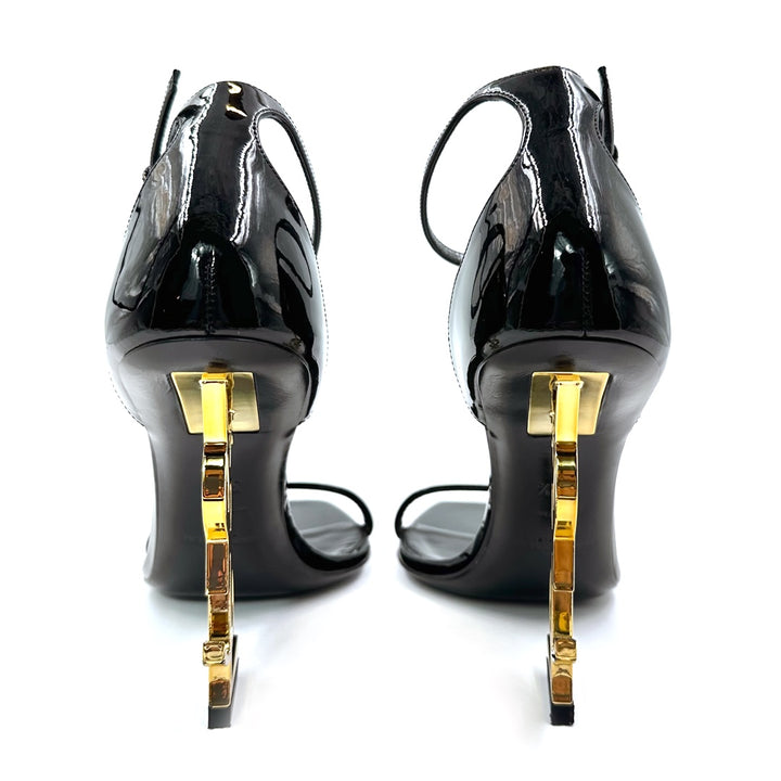 Saint Laurent Opyum Black Patent Leather Sandals with Gold YSL Heels