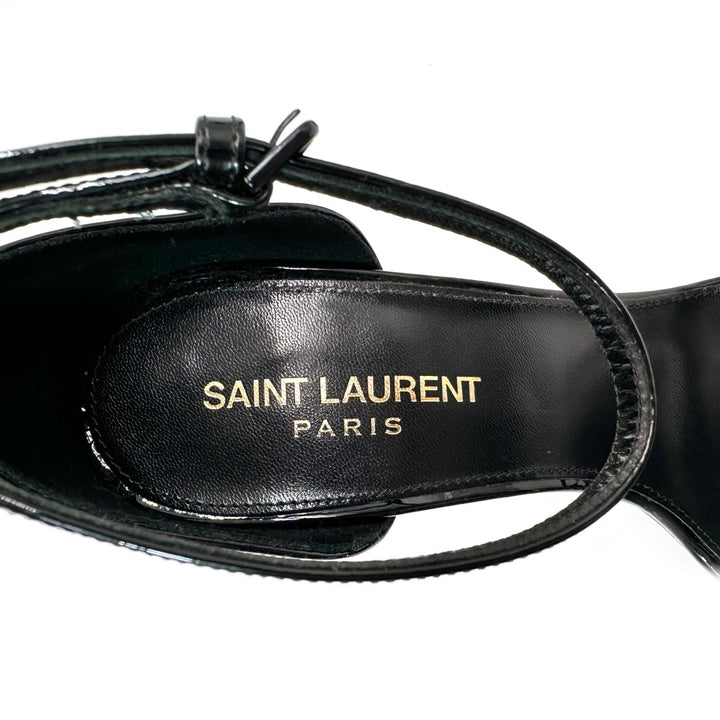 Saint Laurent Opyum Black Patent Leather Sandals with Gold YSL Heels