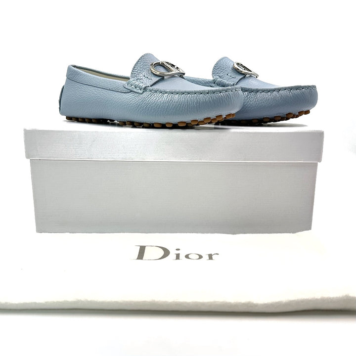 Dior CD Loafers in Light Blue Grained Leather with Silver-Tone Hardware