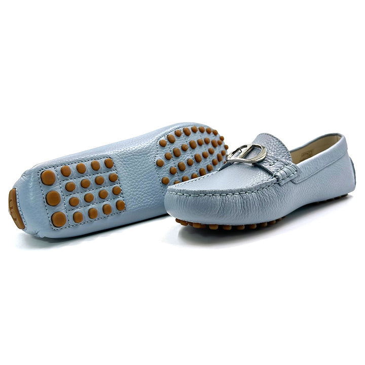 Dior CD Loafers in Light Blue Grained Leather with Silver-Tone Hardware