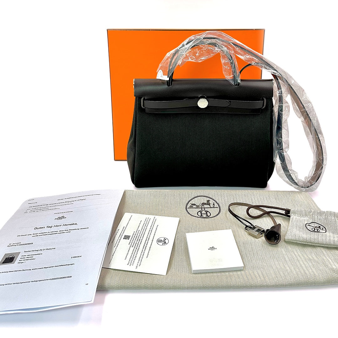 Hermès Herbag Zip 31 Retourne Bag in Dark Bronze Canvas with Ebene Leather Trim - Gemaee  UAE