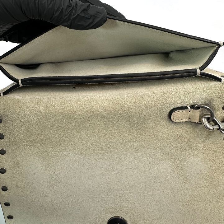 Valentino Garavani Rockstud Rolling Clutch in Beige Leather with Turquoise Cabochons and Antique Silver Studs - Gemaee  UAE