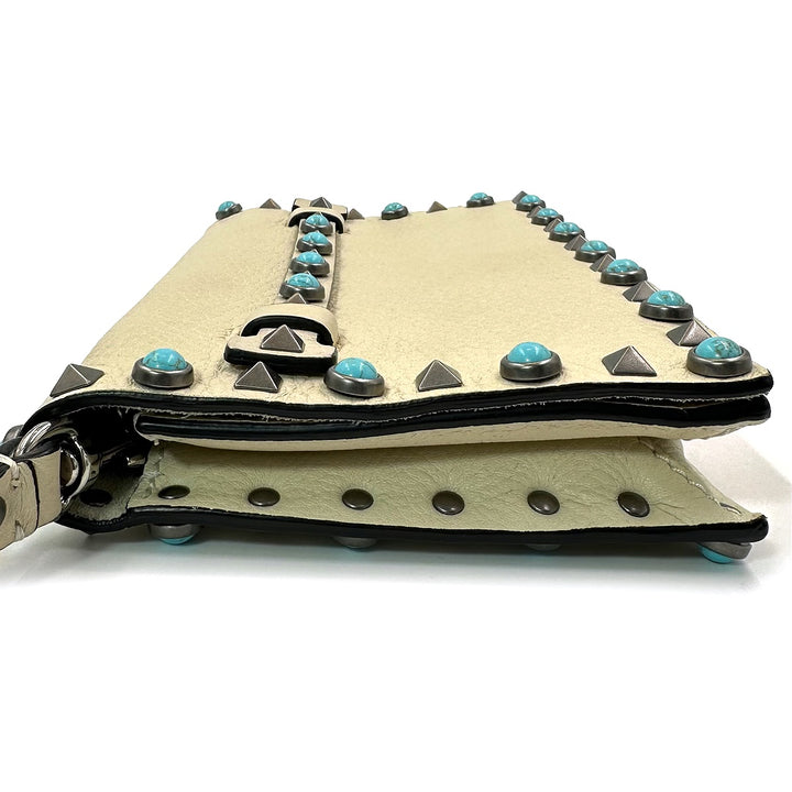 Valentino Garavani Rockstud Rolling Clutch in Beige Leather with Turquoise Cabochons and Antique Silver Studs - Gemaee  UAE