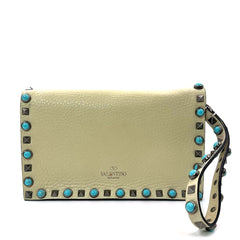Valentino Garavani Rockstud Rolling Clutch in Beige Leather with Turquoise Cabochons and Antique Silver Studs