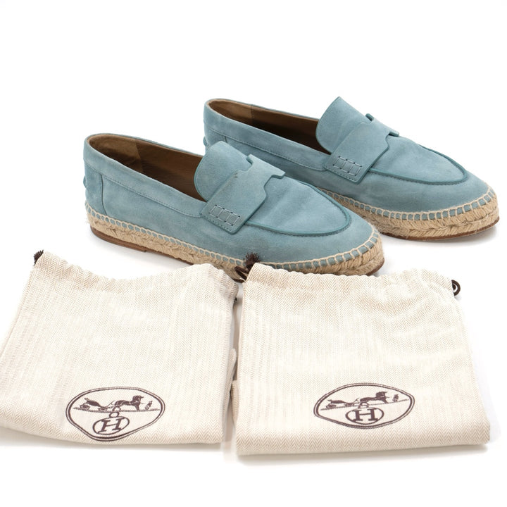 Hermès Bleu Clair Suede Espadrille Loafers with Jute Sole