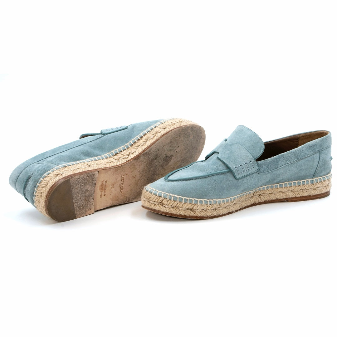 Hermès Bleu Clair Suede Espadrille Loafers with Jute Sole