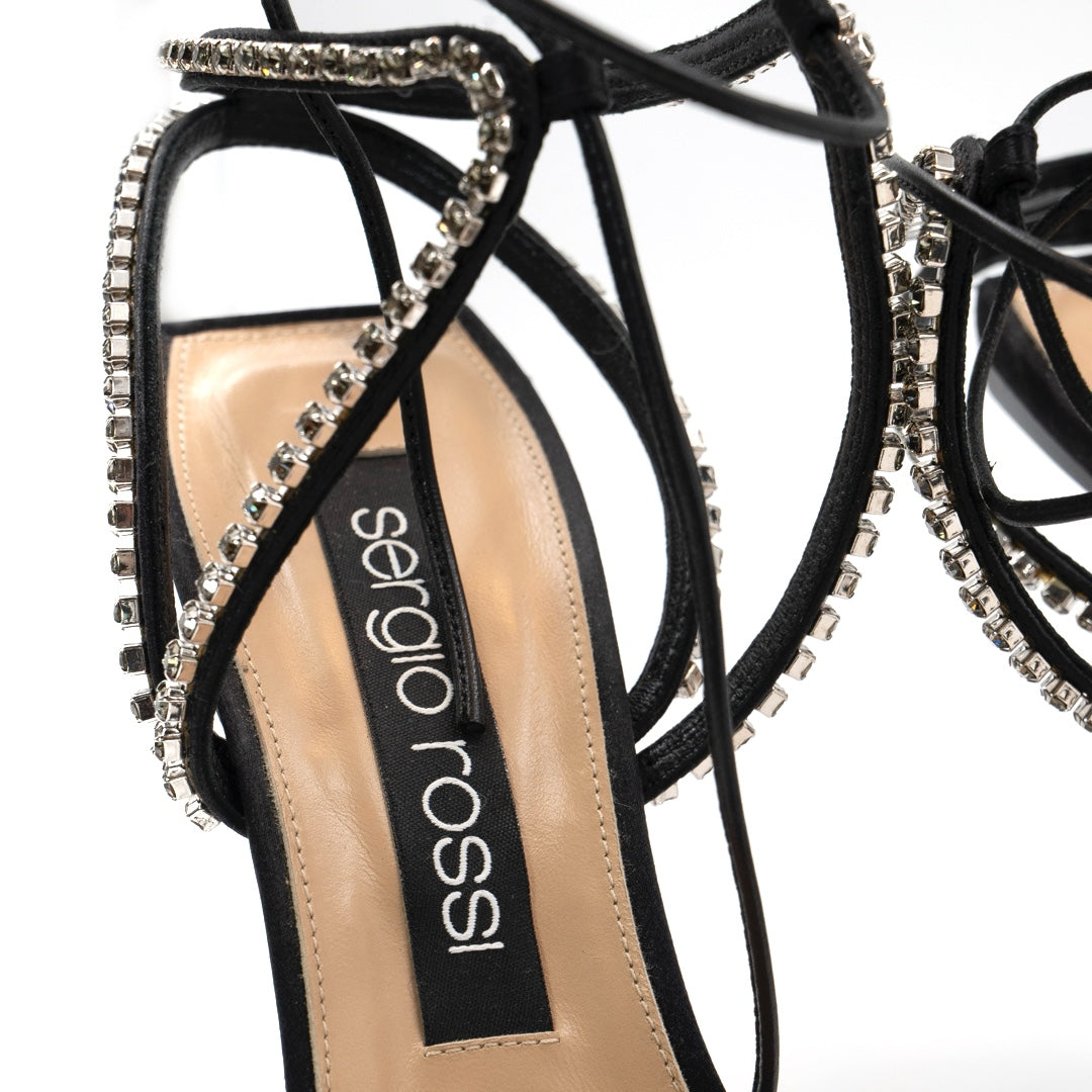 Sergio Rossi Black Satin Crystal-Ankle Wrap Sandals