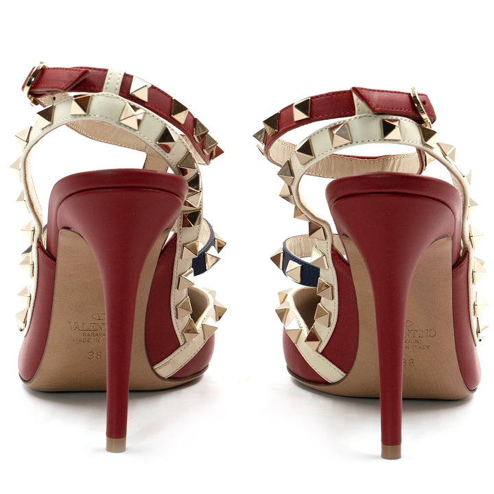 Valentino Garavani Multicolor Leather Rockstud Pointed Toe Ankle Strap Heeled Sandals