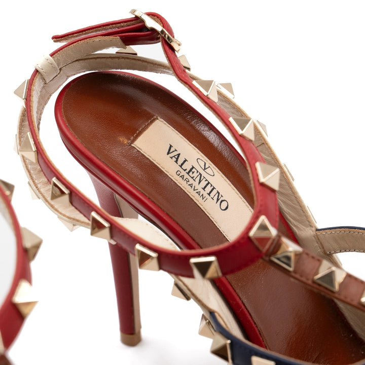 Valentino Garavani Multicolor Leather Rockstud Pointed Toe Ankle Strap Heeled Sandals