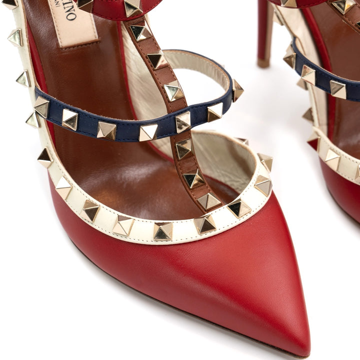 Valentino Garavani Multicolor Leather Rockstud Pointed Toe Ankle Strap Heeled Sandals