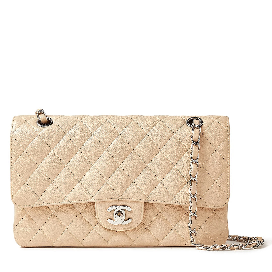 Chanel Classic Double Flap Medium Beige Caviar Leather Bag with Silver Hardware - Gemaee  UAE