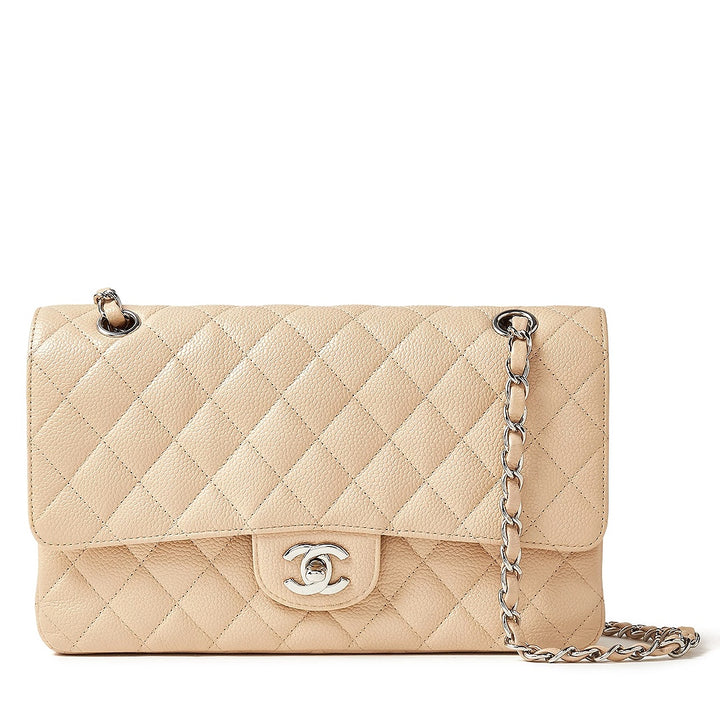 Chanel Classic Double Flap Medium Beige Caviar Leather Bag with Silver Hardware - Gemaee  UAE