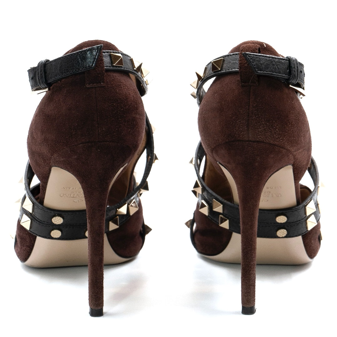 Valentino Garavani Burgundy Suede Rockstud Wrap Heels