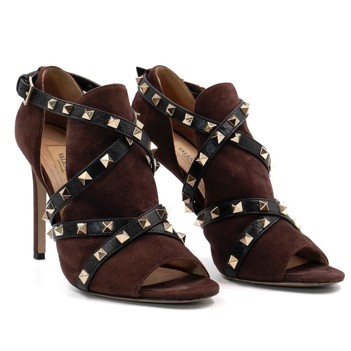 Valentino Garavani Burgundy Suede Rockstud Wrap Heels