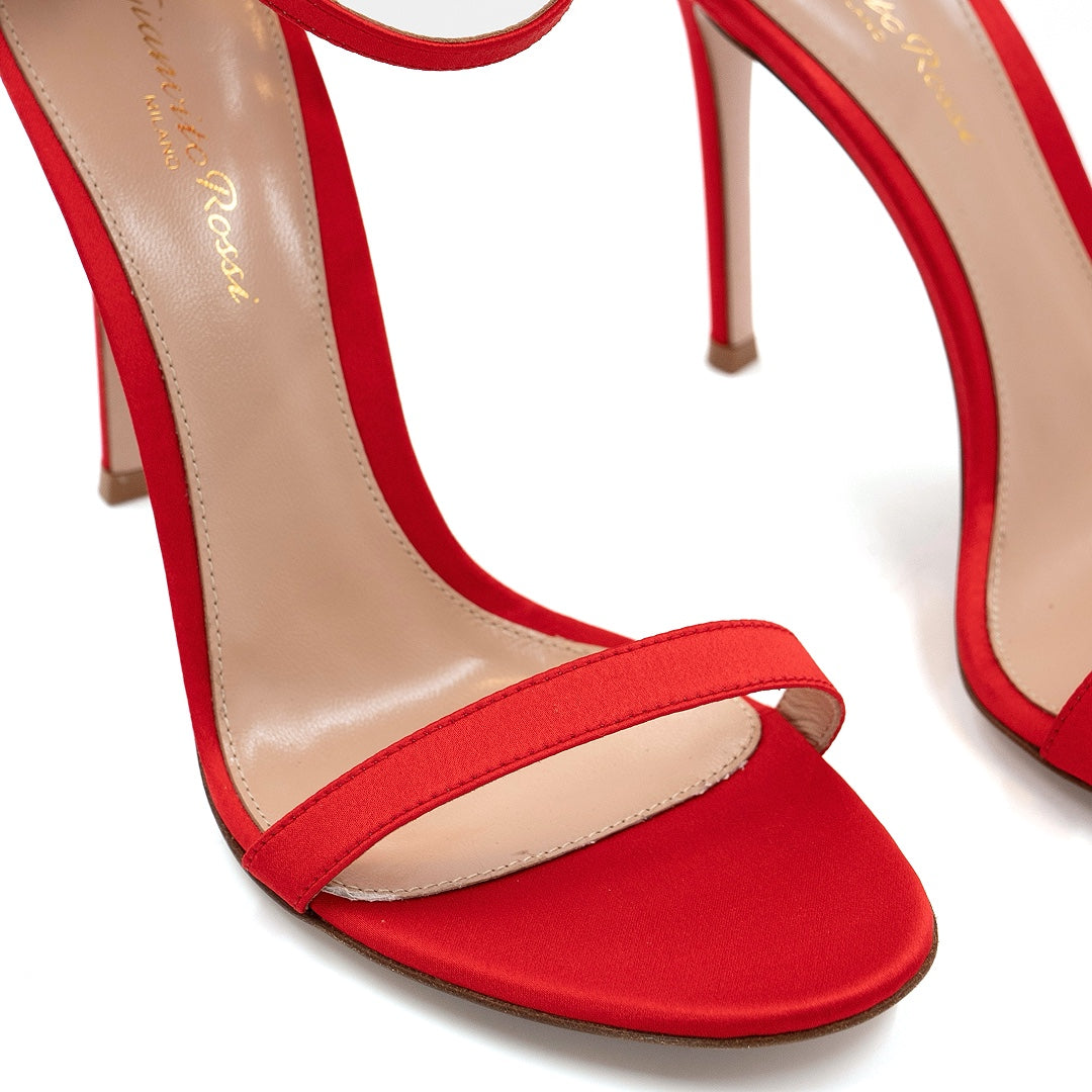 Gianvito Rossi Red Satin and Plissé Cuff Belvedere Sandals