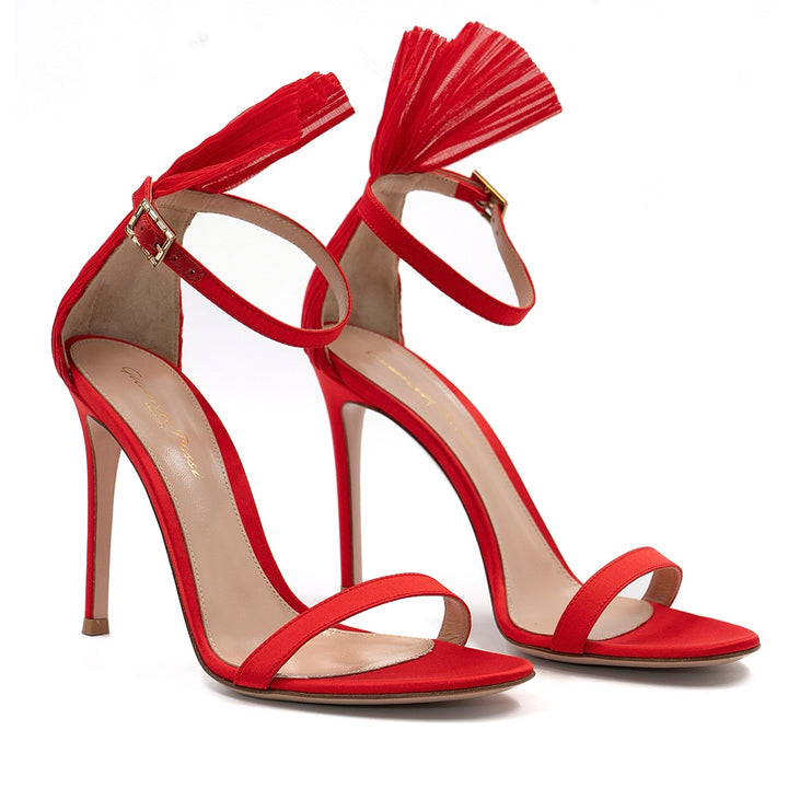 Gianvito Rossi Red Satin and Plissé Cuff Belvedere Sandals