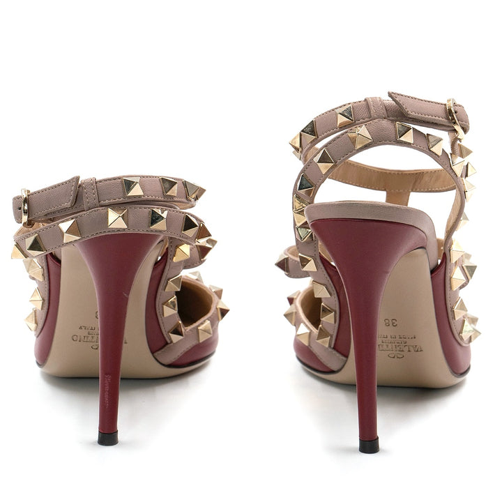 Valentino Garavani Red and Beige Leather Rockstud Ankle Strap Pumps