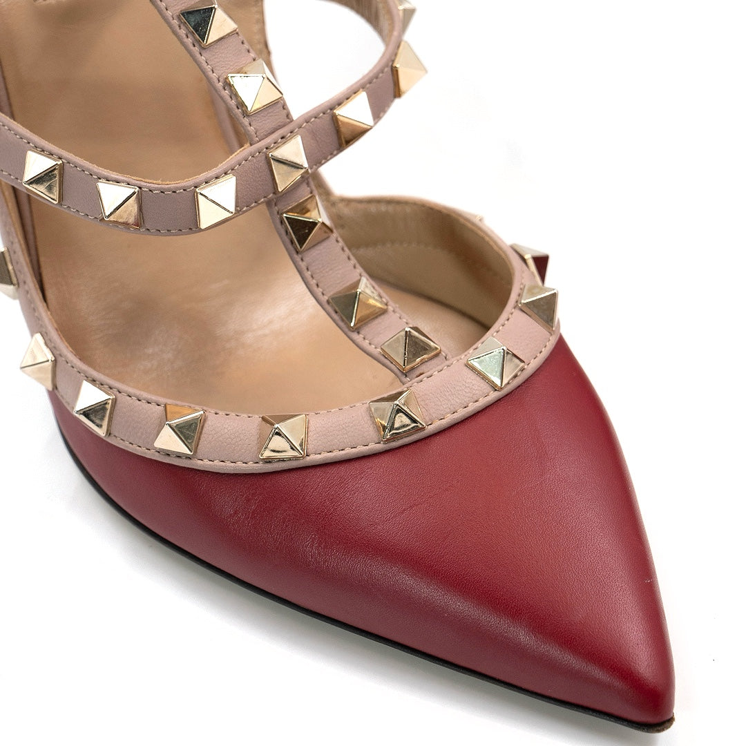 Valentino Garavani Red and Beige Leather Rockstud Ankle Strap Pumps
