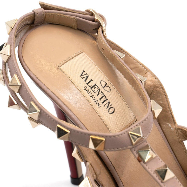Valentino Garavani Red and Beige Leather Rockstud Ankle Strap Pumps