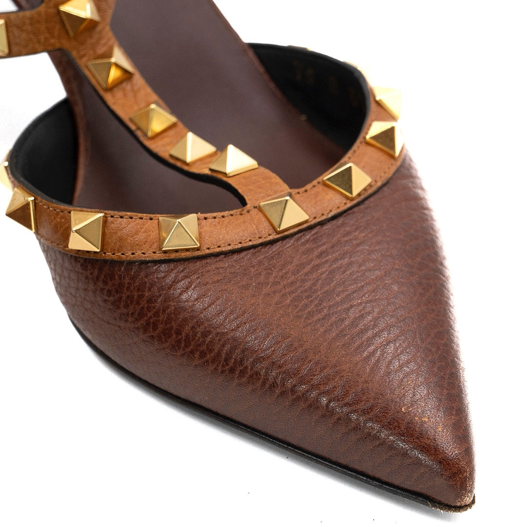 Valentino Garavani Brown Leather Rockstud Pointed Toe Ankle Strap Sandals - Gemaee  UAE