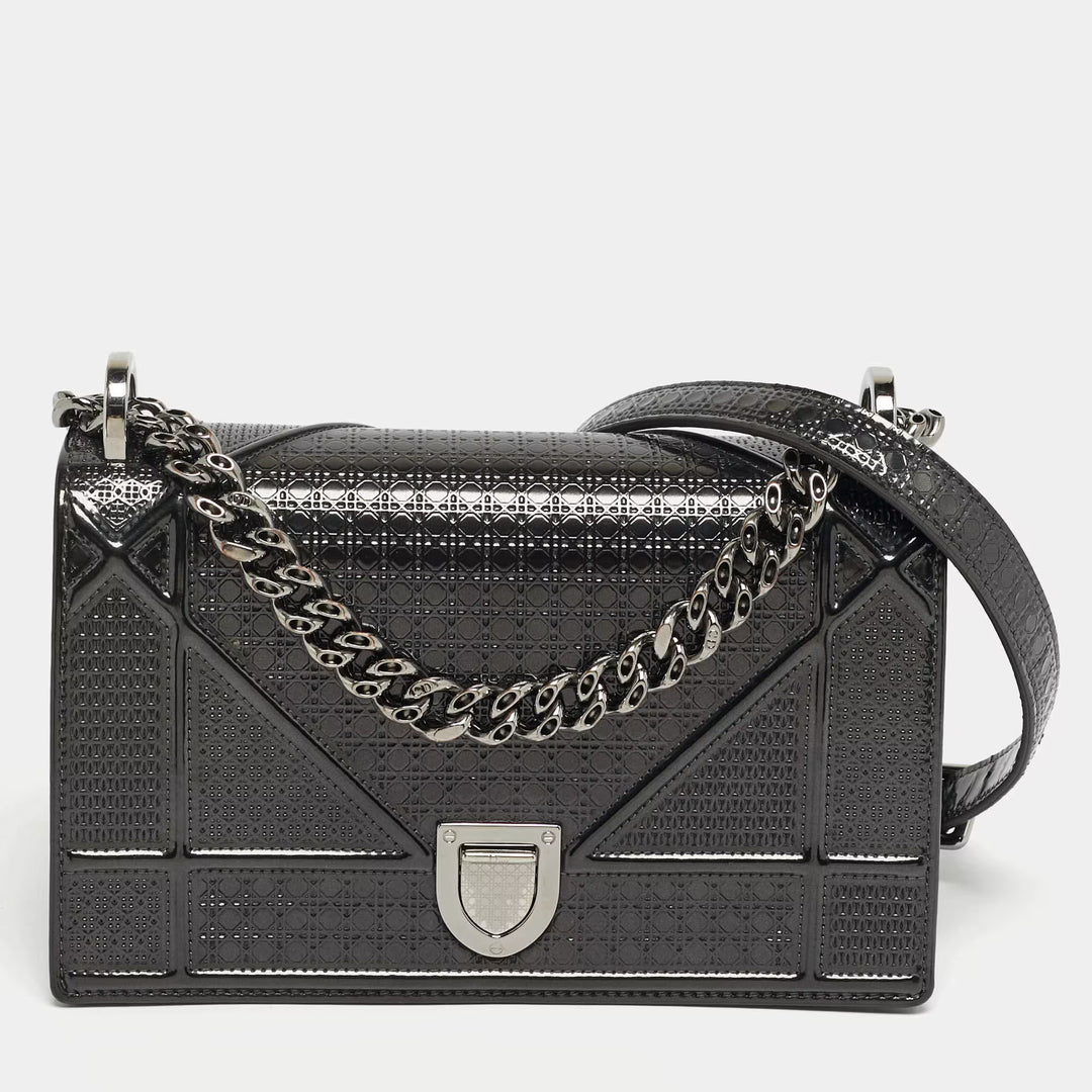 Dior Small Dark Grey Micro-Cannage Patent Leather Diorama Flap Bag