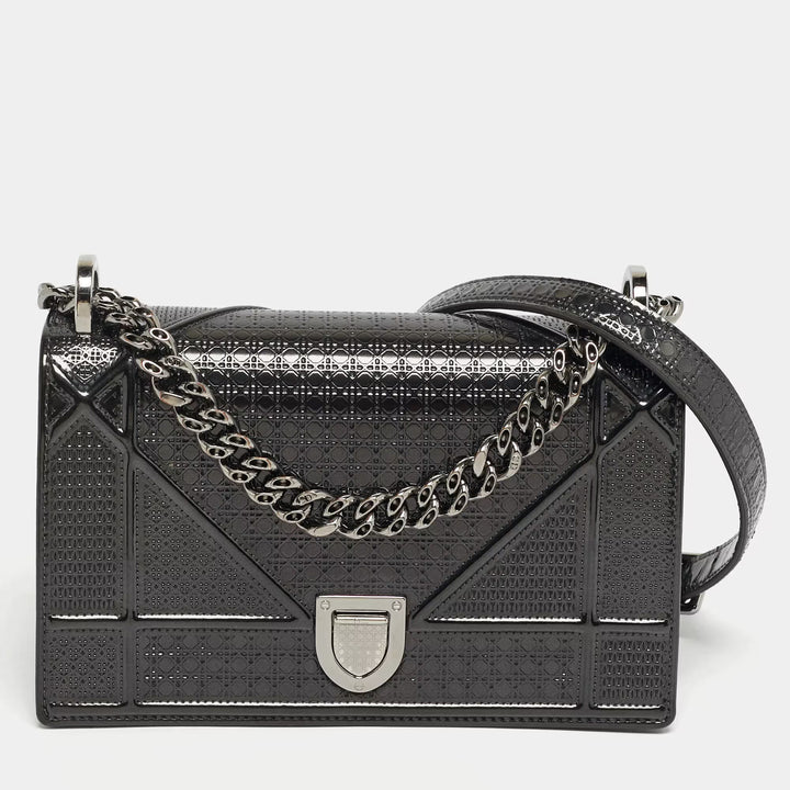 Dior Small Dark Grey Micro-Cannage Patent Leather Diorama Flap Bag