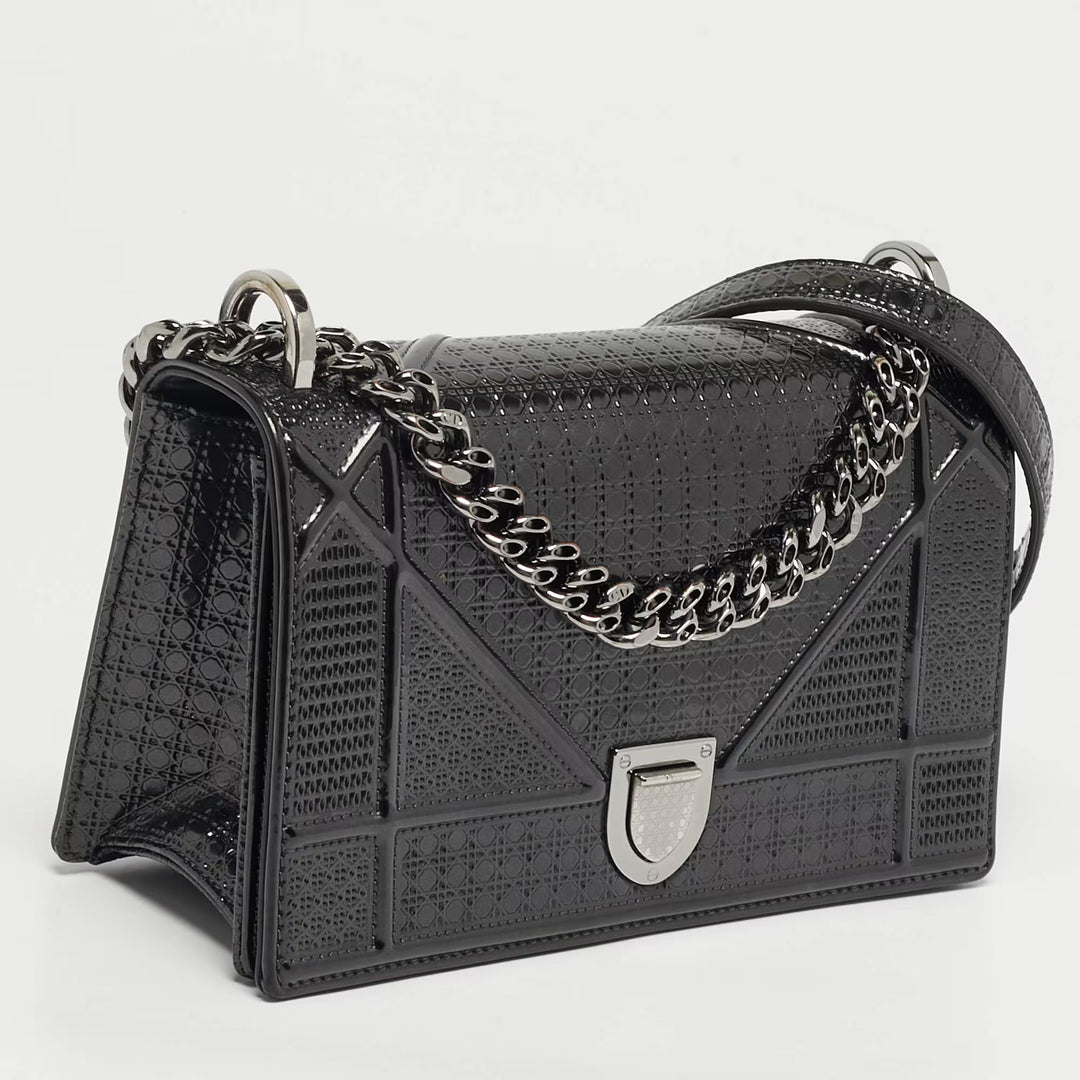 Dior Small Dark Grey Micro-Cannage Patent Leather Diorama Flap Bag