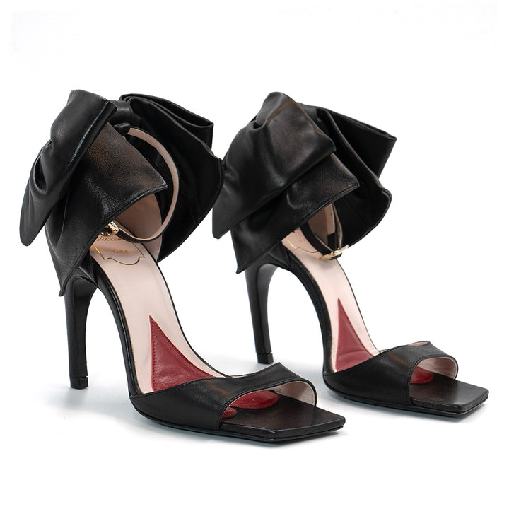 Roger Vivier Viv' Choc Back Bow Sandals in Black Leather
