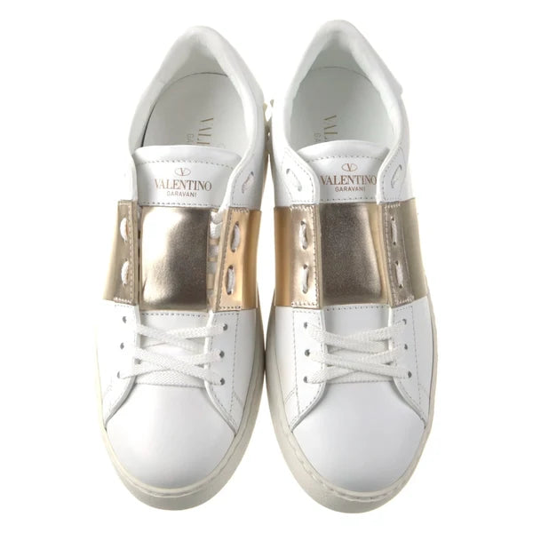 Valentino Garavani White Leather Rockstud Sneakers with Metallic Leather Stripe
