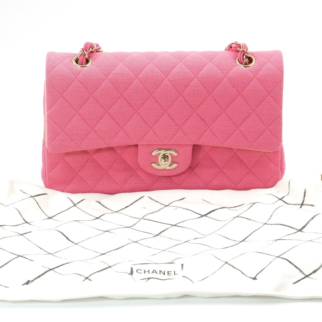 Chanel Classic Medium Double Flap Bag in Pink Quilted Jersey