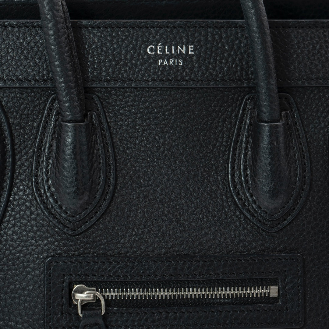 Celine Nano Black Drummed Calfskin Leather Luggage Bag