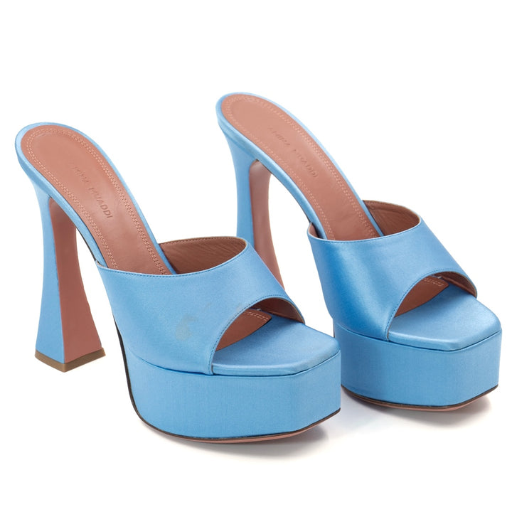 Amina Muaddi Dalida Blue Satin Platform Mules