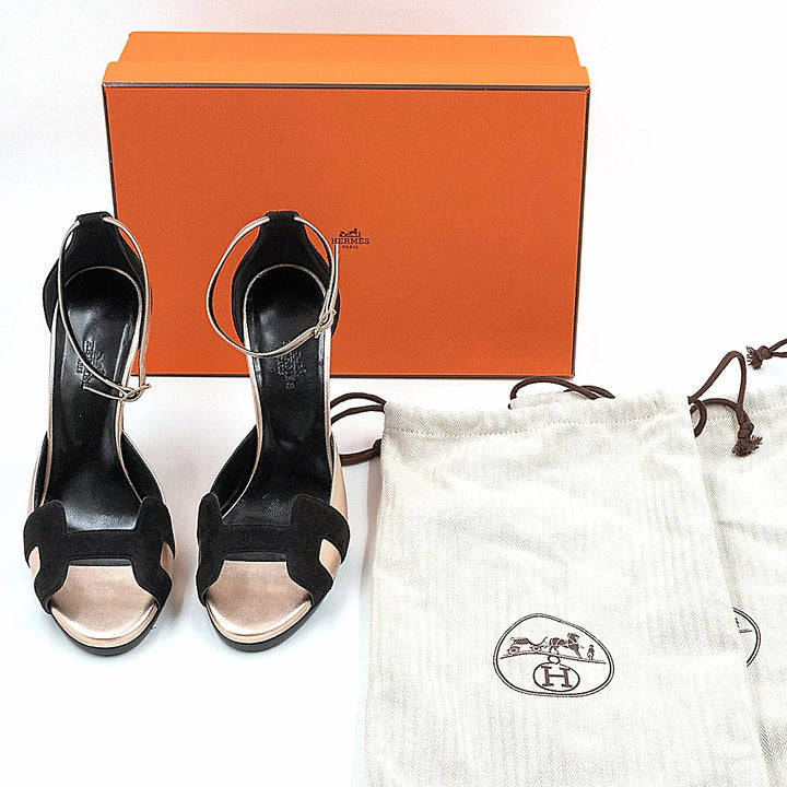 Hermès Black Leather and Suede Premiere 70 Ankle Strap Sandals