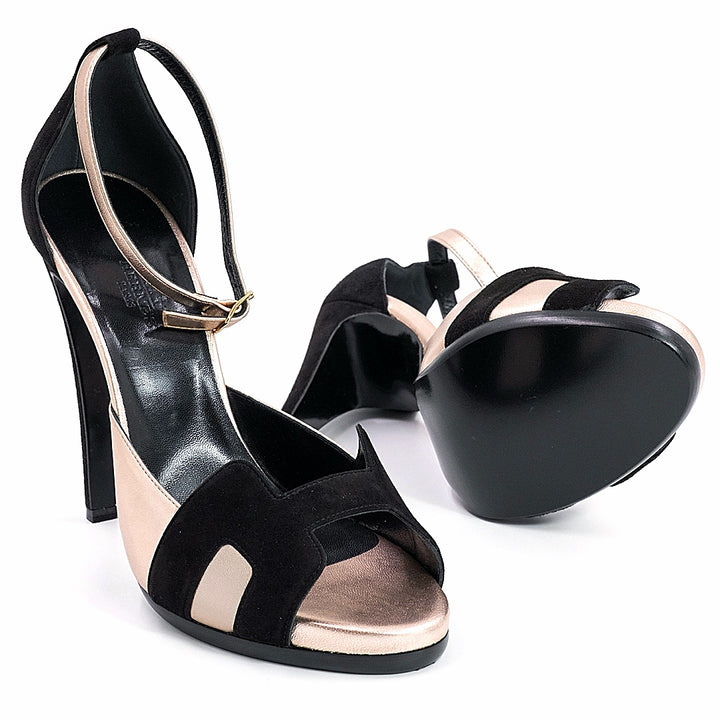 Hermès Black Leather and Suede Premiere 70 Ankle Strap Sandals