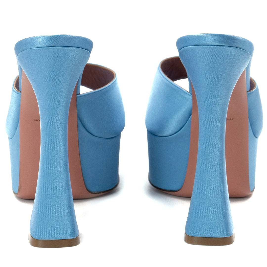 Amina Muaddi Dalida Blue Satin Platform Mules
