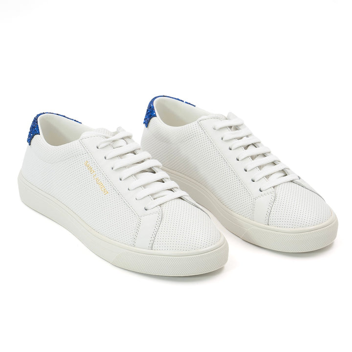 Saint Laurent Andy White Leather Sneakers with Blue Glitter Heel Tab