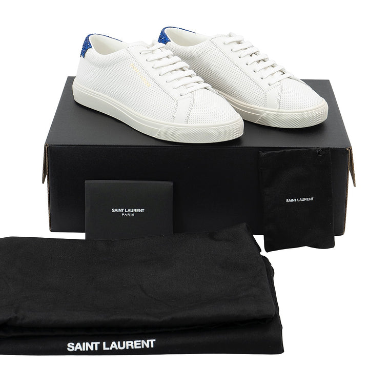 Saint Laurent Andy White Leather Sneakers with Blue Glitter Heel Tab