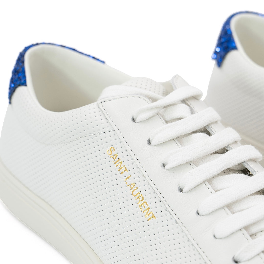 Saint Laurent Andy White Leather Sneakers with Blue Glitter Heel Tab