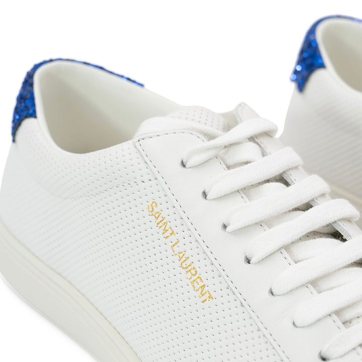 Saint Laurent Andy White Leather Sneakers with Blue Glitter Heel Tab