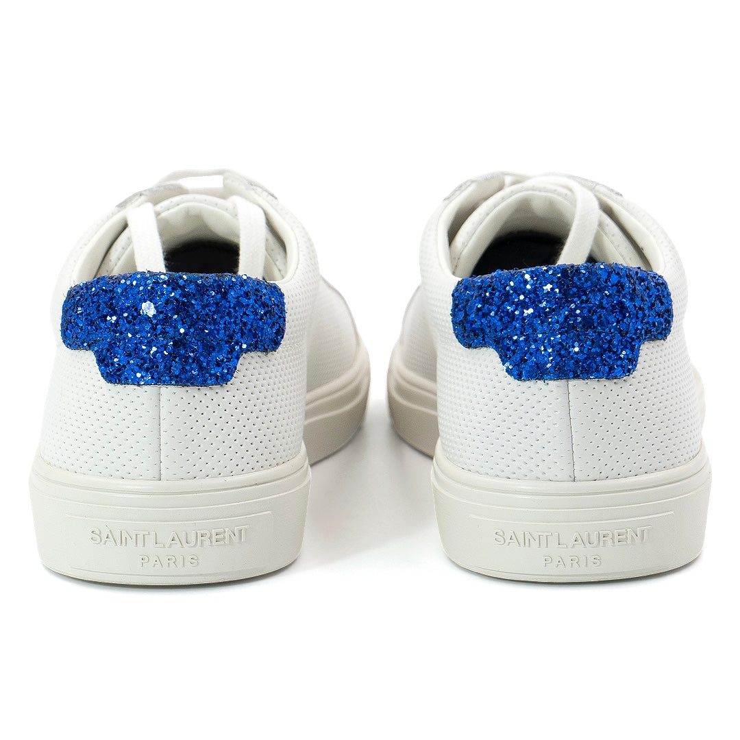 Saint Laurent Andy White Leather Sneakers with Blue Glitter Heel Tab