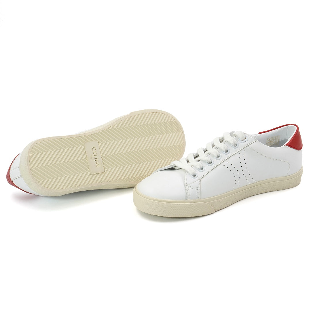 Celine Triomphe Low-Top Sneakers in White Leather with Red Heel Tab