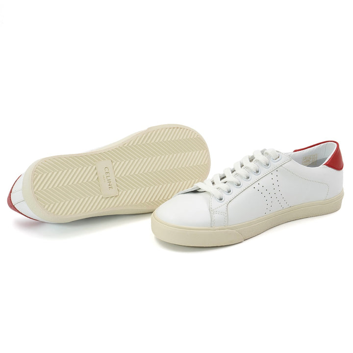 Celine Triomphe Low-Top Sneakers in White Leather with Red Heel Tab