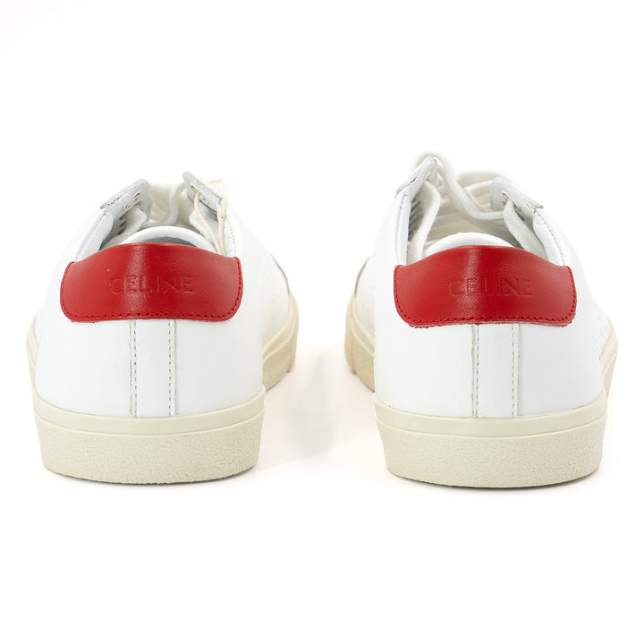 Celine Triomphe Low-Top Sneakers in White Leather with Red Heel Tab